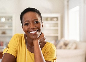 Closeup of woman with dental implants in Brooklyn smiling