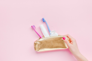 an assortment of dental hygiene items